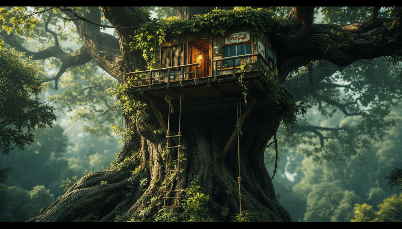 AI generated: Make an image of this tree and the treehouse from ground level view looking up at the bottom of the ...