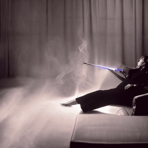 AI generated: photography, dimly lit room with a hazy atmosphere, capturing a female figure lounging on a deep cri...