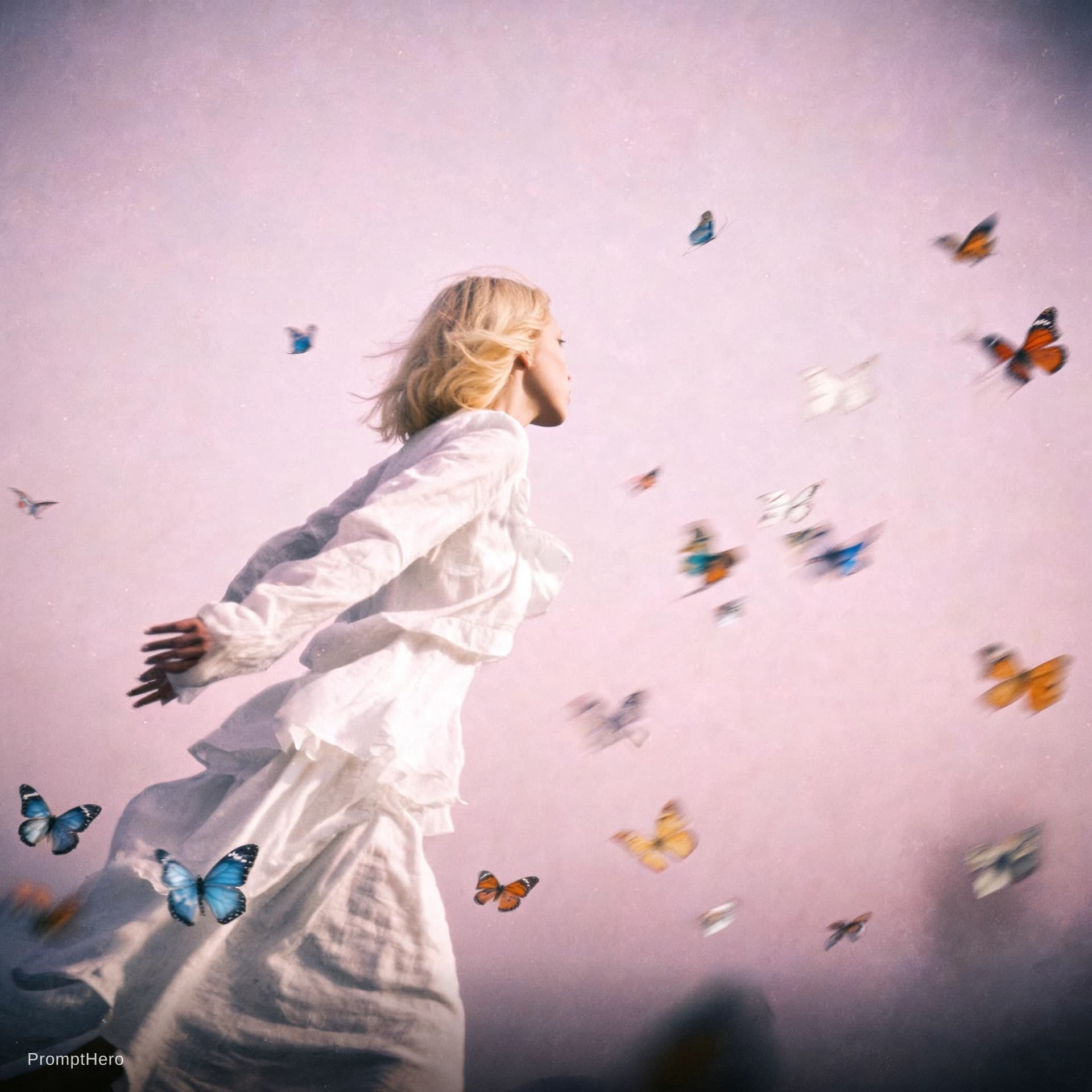 AI generated: High-contrast colorful saturated cinematic image of a blonde woman in a white linen dress in profile...