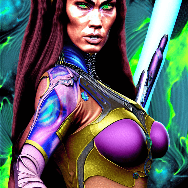 AI generated: Goddess full body close-up portrait Megan fox. evolved centuries of woman, planet of the apes, orchi...