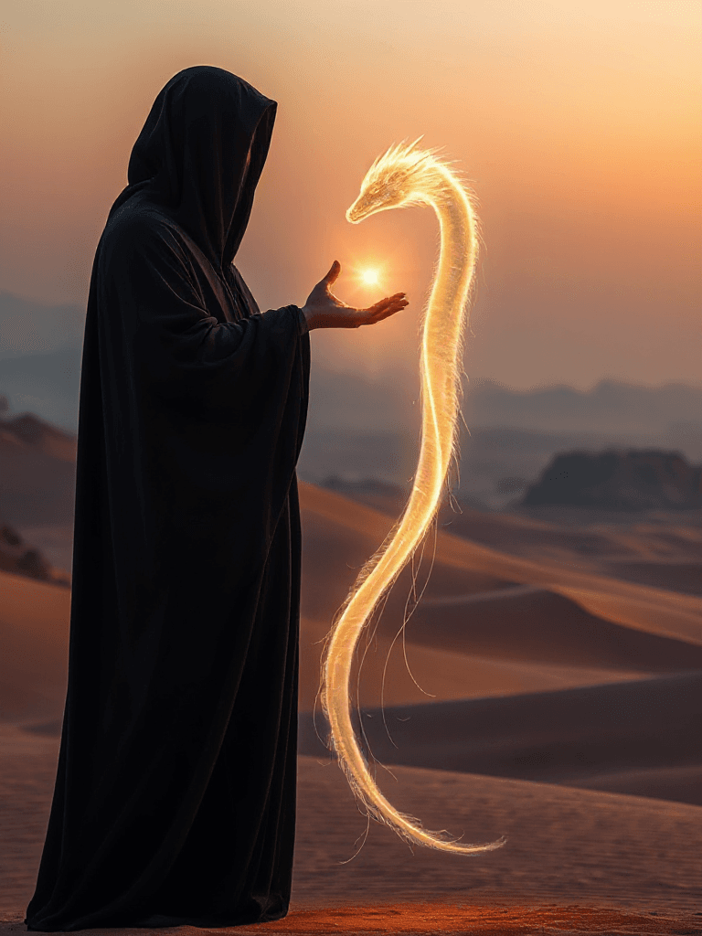 AI generated: a surreal and ethereal scene set in a desert landscape under a hazy, twilight sky. At the center sta...