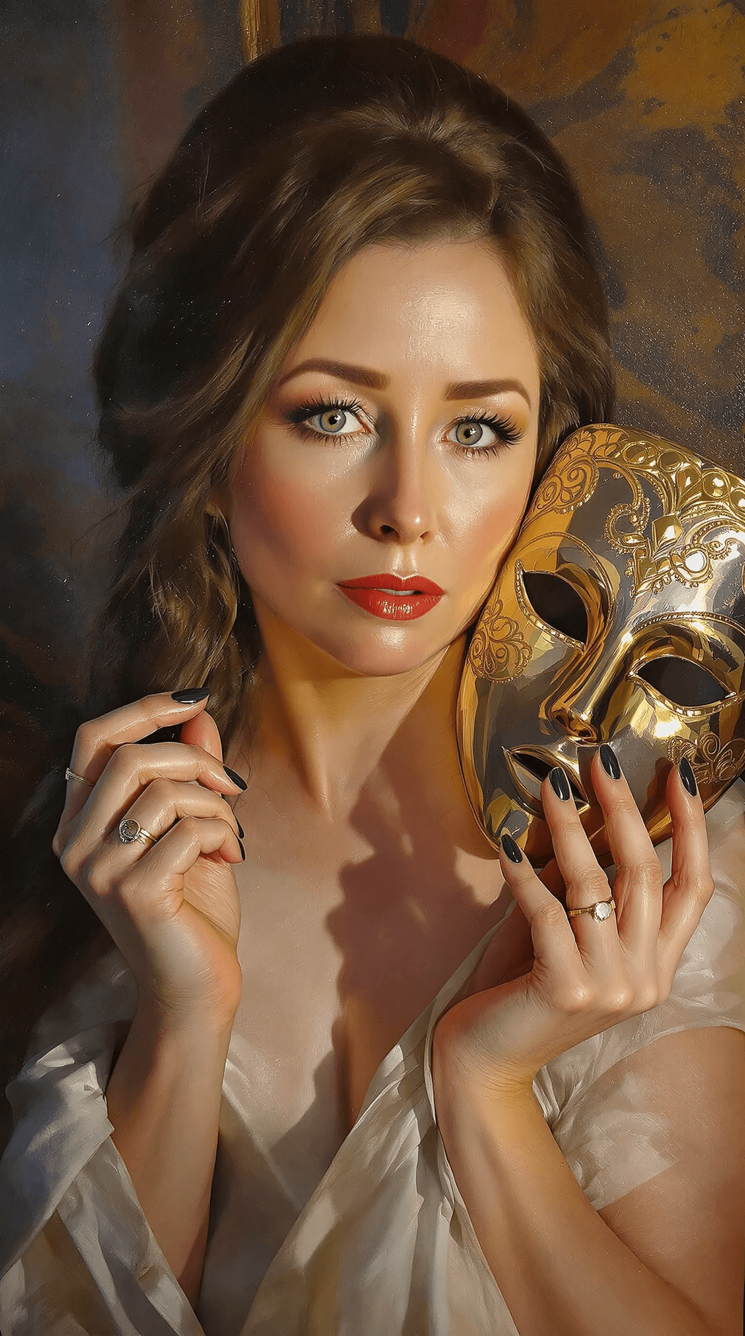 AI generated: Oil Glazing, Luminous Colors, Layered Textures, Graceful, Woman Holding a Mask Performing, Poised De...