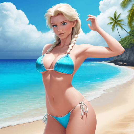 AI generated: High resolution, Elsa, wearing bikini, beach backround
