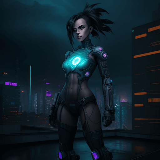 AI generated: Digital artwork, concept art, a cyberpunk girl with Prompt Hero text on her chest, standing on rooft...