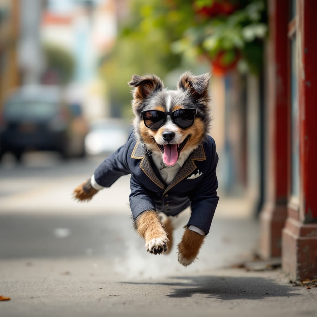 AI generated: a dog wearing a suit running in jamaica