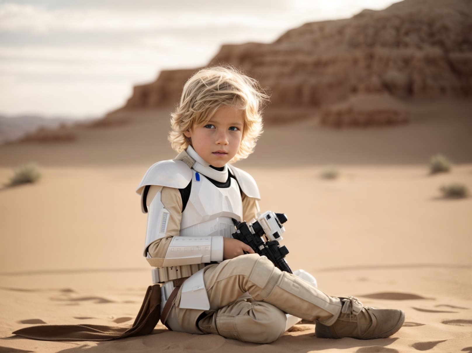 AI generated:  8 year old blond boy in the desert finds a stormtrooper suit. Intricate details. There is a laser s...