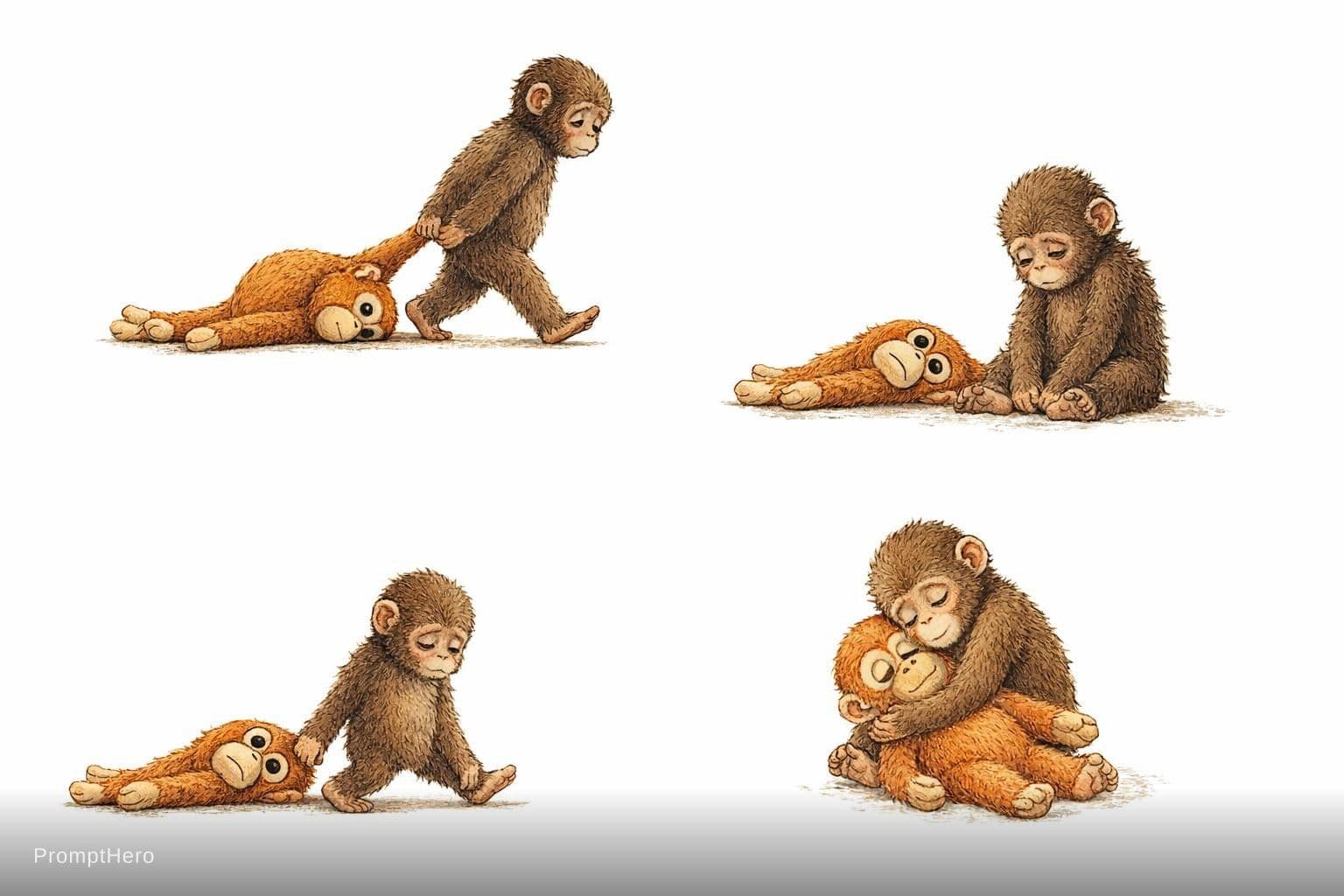 AI generated: vintage children's book illustration, emotional 3 scene storytelling, cute baby monkey with fluffy b...