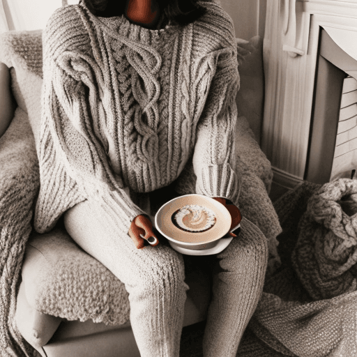 AI generated: Imagine a winter scene with a woman sitting on a cozy armchair in front of a fireplace. She is weari...