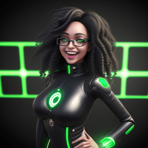 AI generated: a 3D cybergirl, laughing, her hands on her hips, glasses on eyes, high detalised face, green eyes, b...