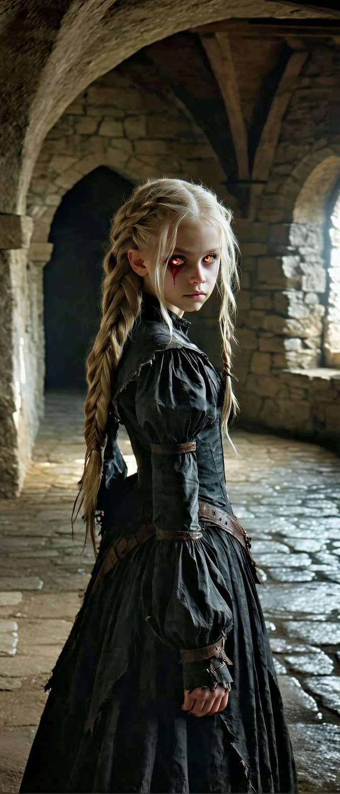 AI generated: A professional photo of a realistic exceptionally beautiful tween christina vampire, standing in a o...