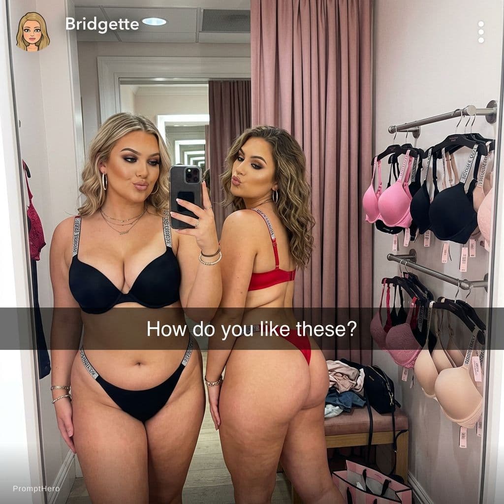 AI generated: Two chubby 21 year old white women take a mirror selfie in a dressing room. The dressing room rack h...