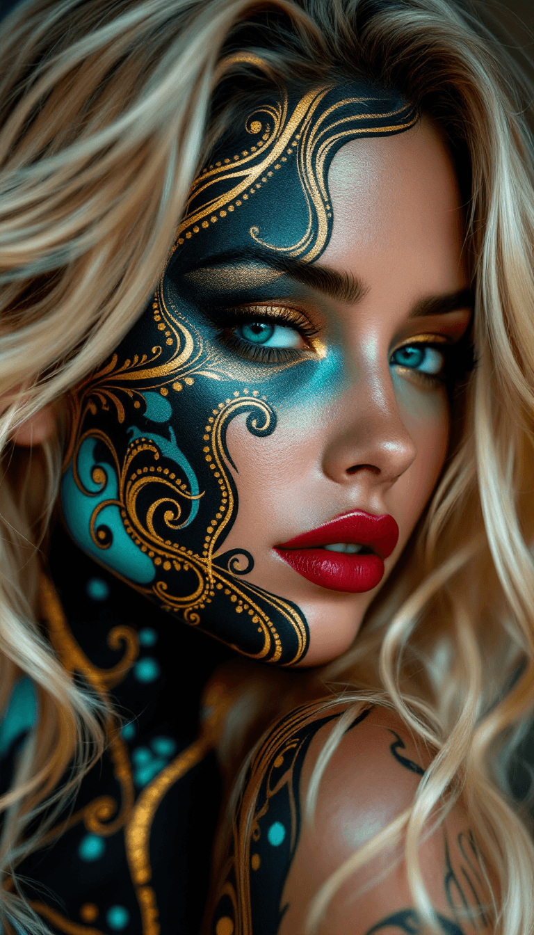 AI generated: A hyperrealistic image of a woman, her skin adorned with an elaborate body painting featuring flowin...