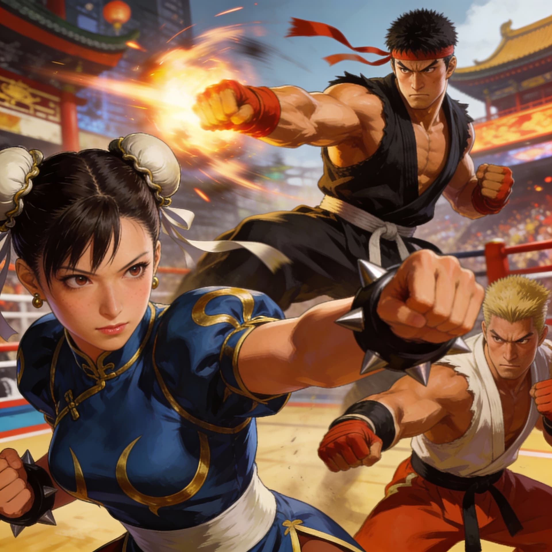 AI generated: Chun-Li, Ryu, Ken, E Honda, Street Fighter, action scene fighting pose, hyper-realistic illustration...