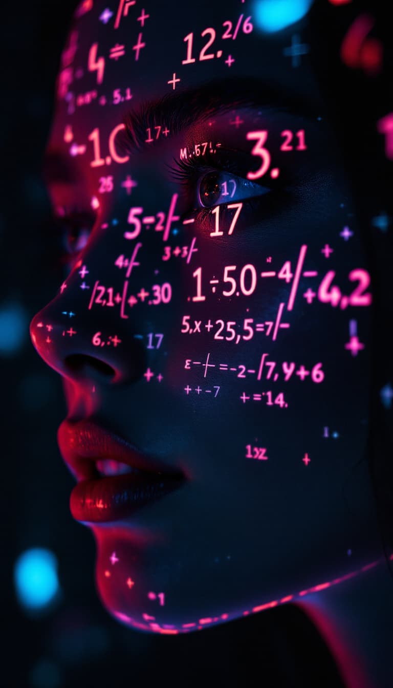 AI generated: Shadowrun Math Projection - A close-up of a person's face (Jessica Szohr) with set logical ambient b...