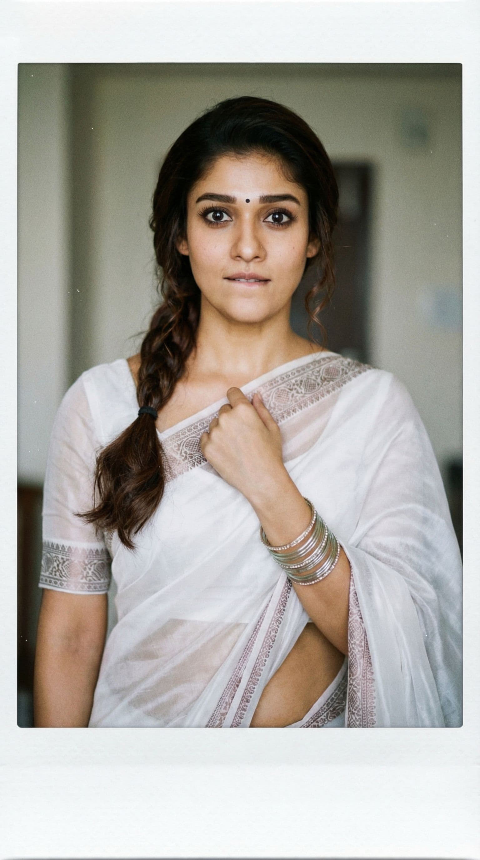 AI generated: nayanthara,  one hand on chest,biting her lip, 18-21 years old, brown hair, Indian hair style, saree...