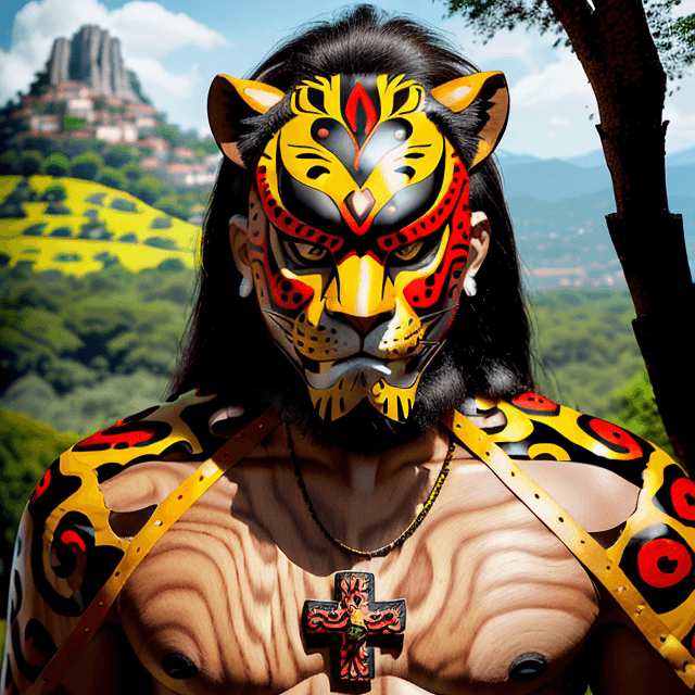 AI generated: man with jaguar warrior helmet mask with jaguar-style spots and abundant hair, wooden mask, fine woo...