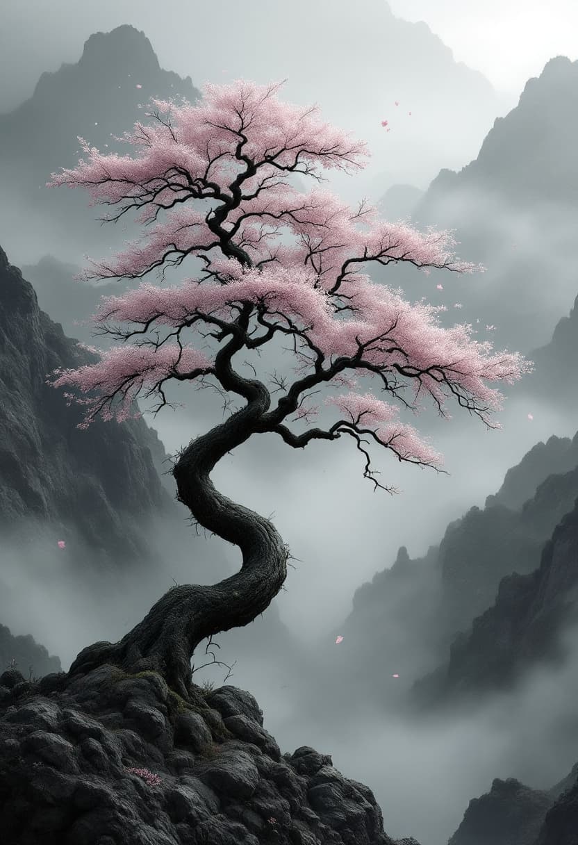 AI generated: cinematic grayscale. Traditional Japanese tree in a foggy mountain valley with moody depth and soft ...