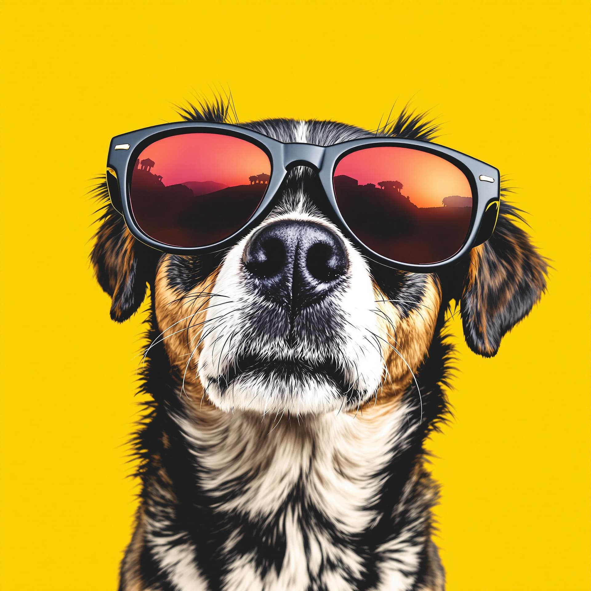 AI generated: cute dog with sunglasses looking into camera, with yellow background