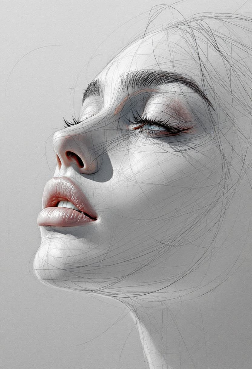 AI generated: Female face sketch, expressive lines in a beautiful portrait style. Digital art. Perfect composition...