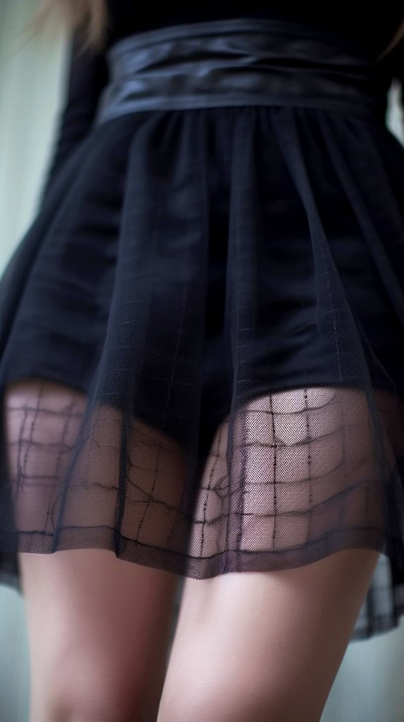 AI generated: A model on black stockings and skirt, close-up, real life, photo shoot, fashion --ar 9:16 --s 750
