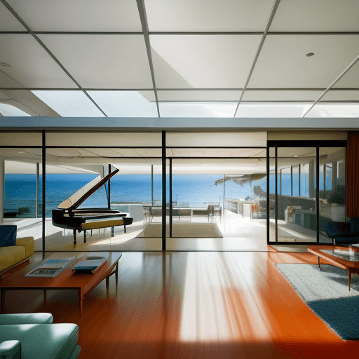 AI generated: Hyper realistic eye level interior photo of a mid century modern style house overlooking the ocean, ...