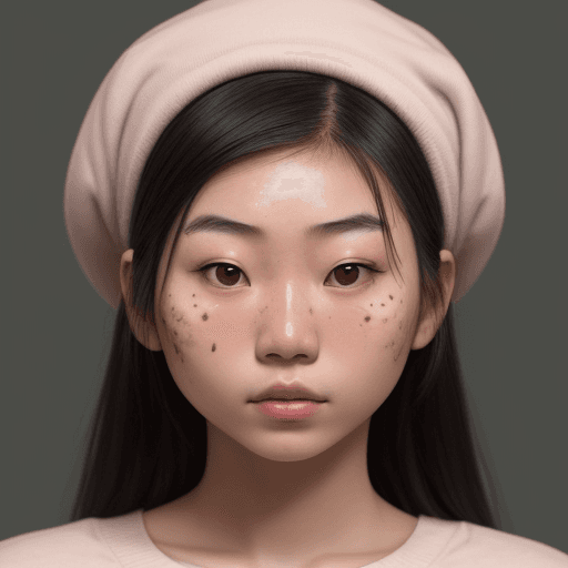 AI generated: A real photo of a young Asian woman with acne on her face looking insecure ultra real