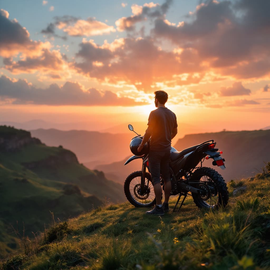 AI generated: on a lush green field on a cliff a man is standing next to his yamaha dt 125 bike watching the sunse...