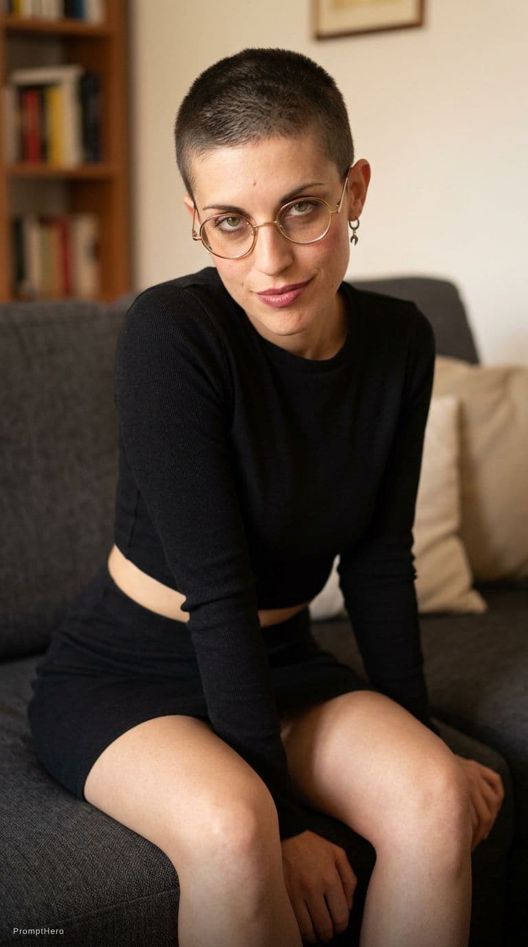 AI generated: Wearing cropped dress, sitting on a couch, close view, with same hairstyle and makeup, seductive