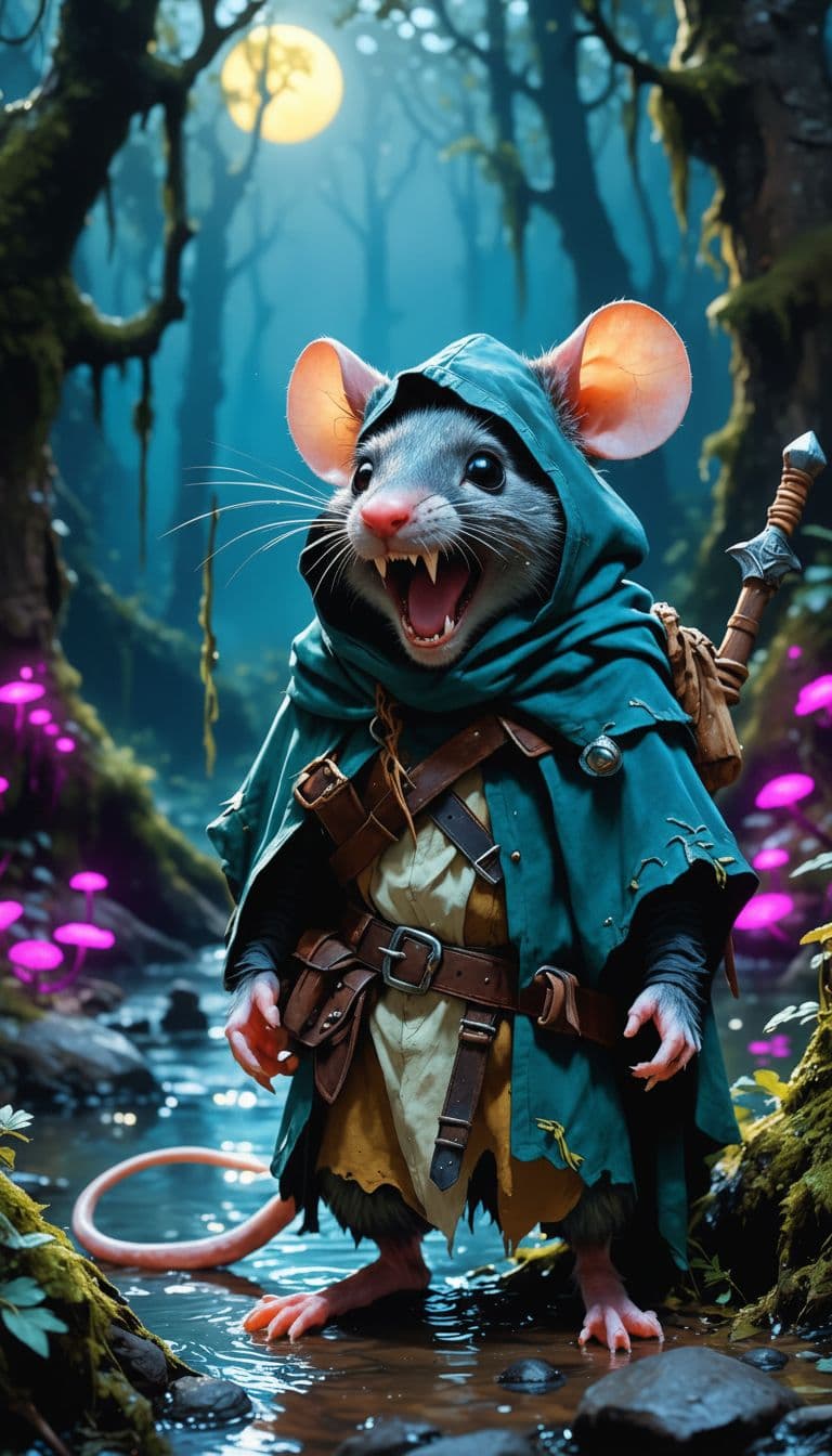 AI generated: anthropomorphic evil rat hooded thief in the 3d Pixar Disney art style, medieval, blurred swamp in b...