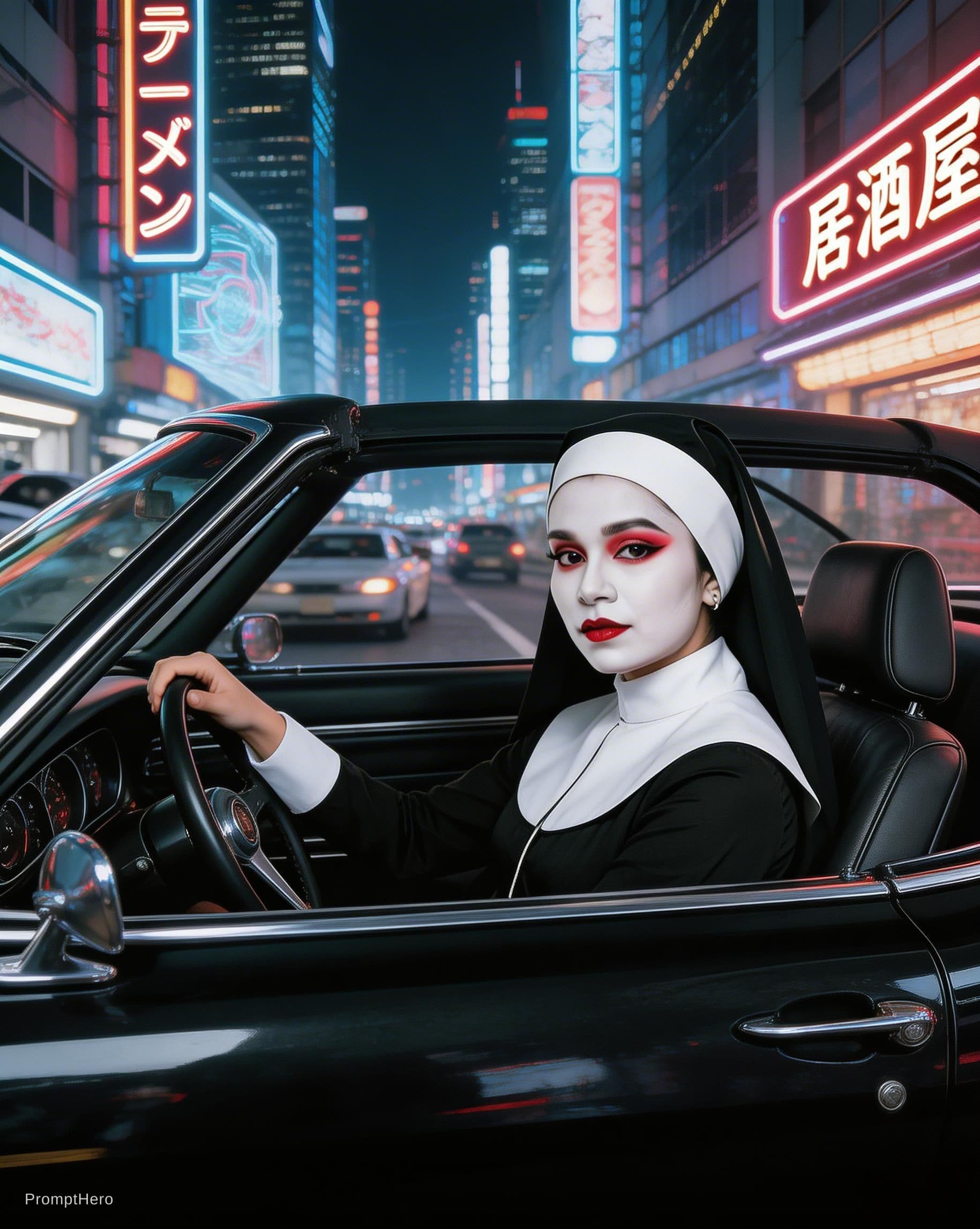 AI generated: Driving classic convertible car in busy futuristic Japanese city 