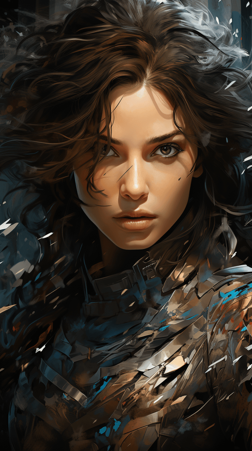 AI generated: xa woman with long dark hair is in front of an inverted sword, in the style of dark beige and sky-bl...