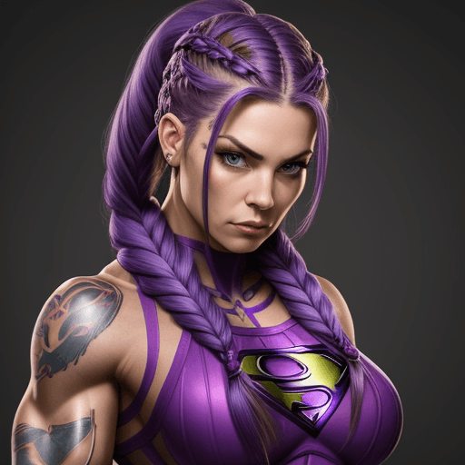 AI generated: muscular woman, tattoos, purple braided hair, superhero outfit, looking at camera