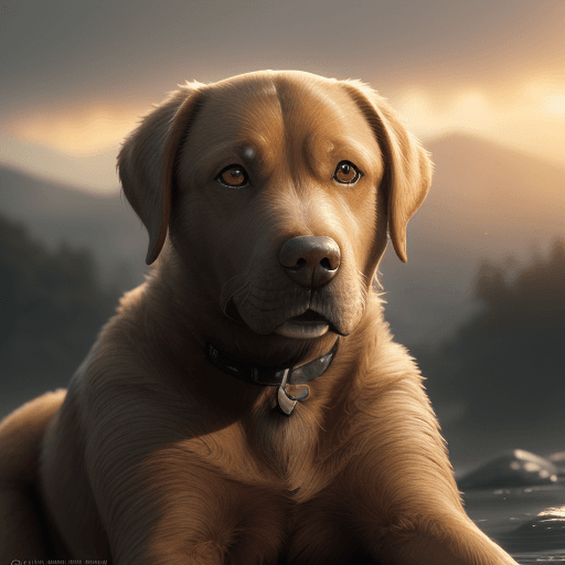 AI generated: Photo of a ultra realistic de un perro labrador color miel, ojos verdes, dramatic light, pale sunris...