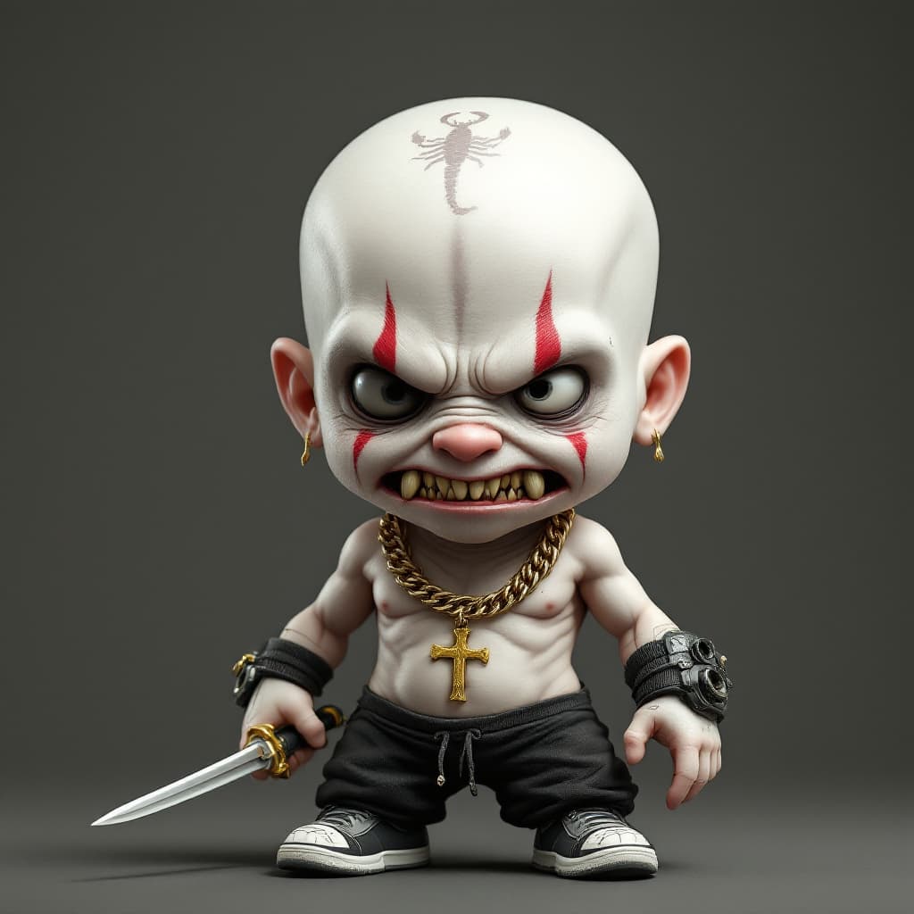 AI generated: A short man (1.55 cm tall) with pale, almost ghostly white skin and a completely bald head. On his s...