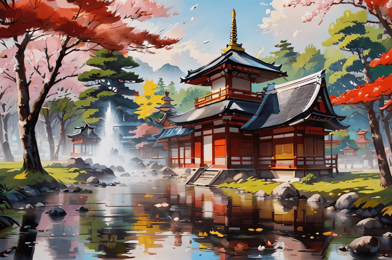 AI generated: an oil painting of a Japanese temple in a landscape, 16K, UHD, HDR,(Masterpiece, best quality:1.5)