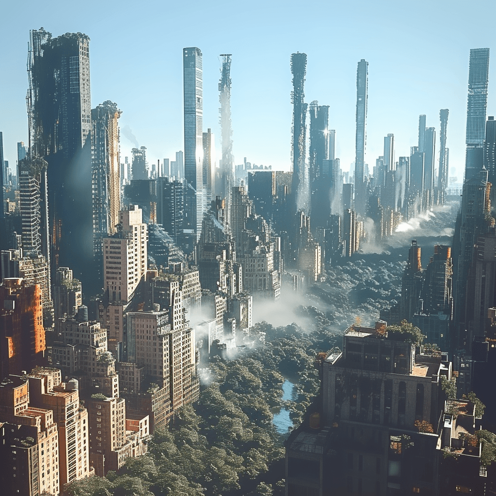 AI generated: Post-apocalyptic jungle with bio-mechanical flora and fauna, cinematic, 4k, epic Steven Spielberg mo...