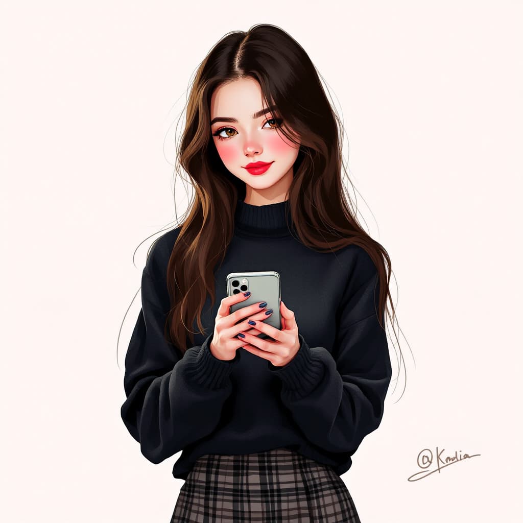 AI generated: Sweet girl holding a smartphone wearing a dark sweater and checkered mini skirt, with long dark brow...