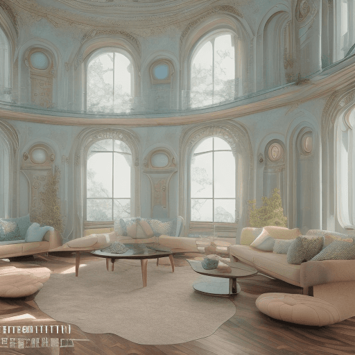 AI generated: High resolution photography interior design, dreamy sunken living room conversation pit, wooden floo...