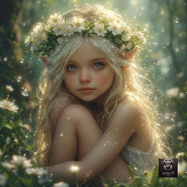 AI generated: tiny fairy child with delicate pale skin and long white-gold hair, wearing a crown of white flowers ...