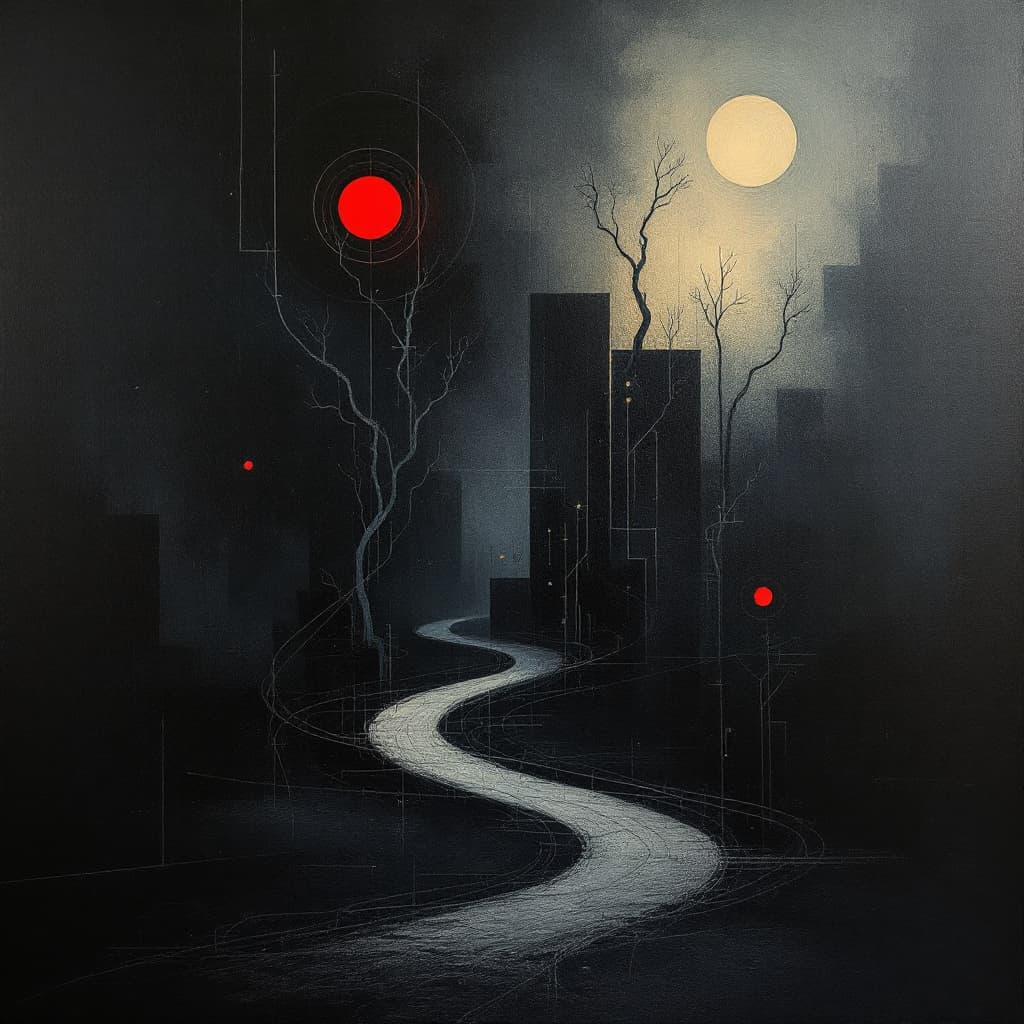 AI generated: Un lienzo oscuro con formas abstractas y texturas variadas. En el fondo, sombras profundas y luces t...