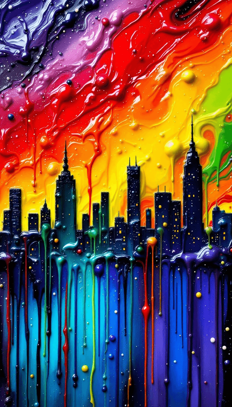 AI generated: A mesmerizing starry night sky and futuristic city skyline, sculpted entirely from thick, dripping, ...