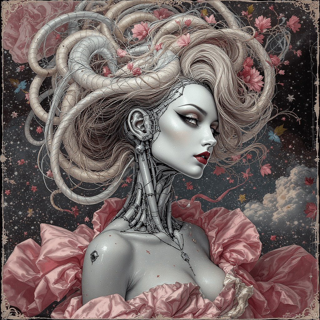 AI generated:  Baroque Style, dreamlike Hyperdetailed grunge art fantasy illustration featuring an cyberpunk femal...