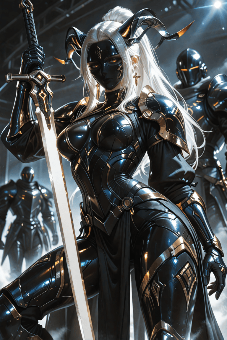 AI generated: A futuristic female warrior, likely in her late 20s to early 30s, stands centered in the frame. She ...