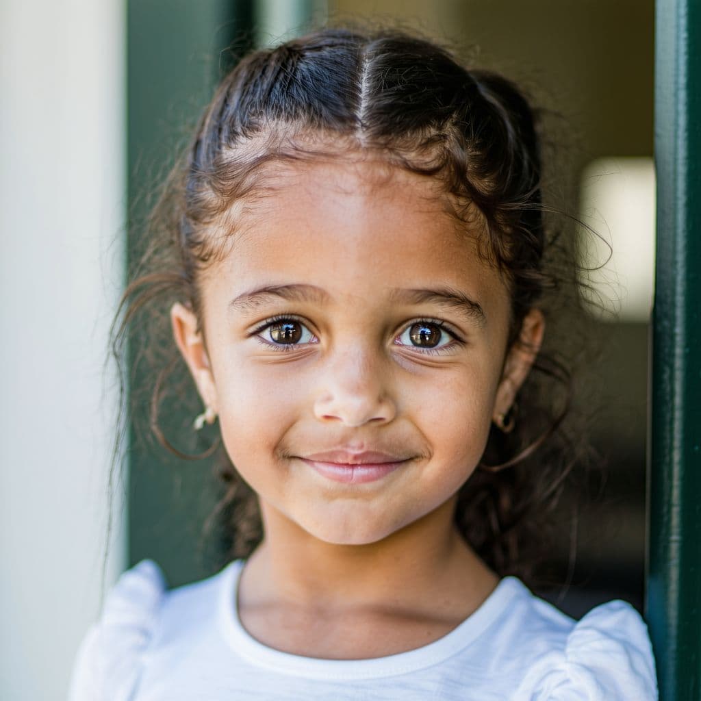 AI generated: Hyper realistic eye level exterior photo of a six year old child girl 