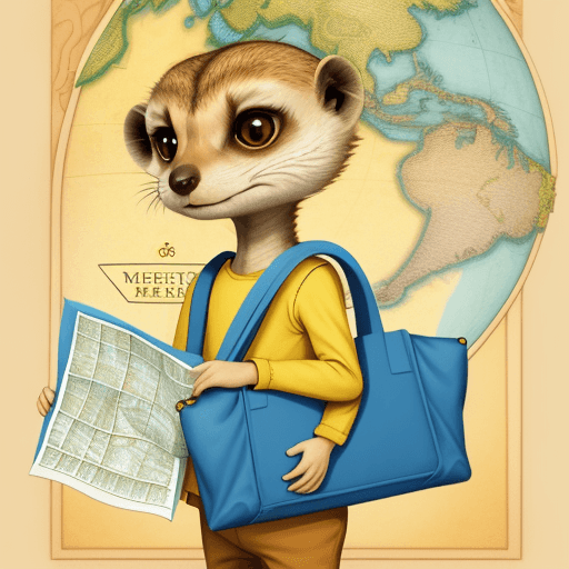 AI generated: childrens book illustration of a yellow meerkat with a blue shirt and a bag of maps,