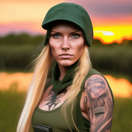 AI generated: Beautiful blonde woman with tattoos wearing tactical gear in the middle of a swamp, with an angry lo...