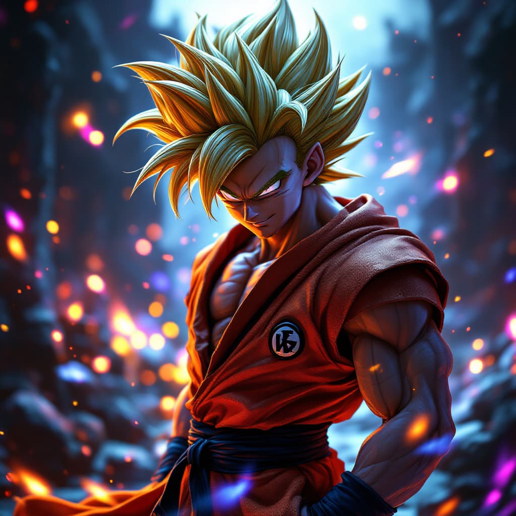 AI generated: Gohan from dragon ball super 25 y.old ,back hair,He puts his hand in his pocket ,and he looks like w...