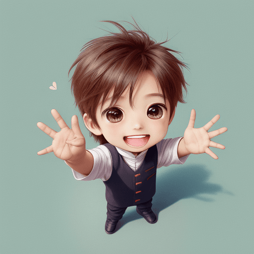 AI generated: a happy and cute chibi boy waving his hand, the image should be in birds eye view
