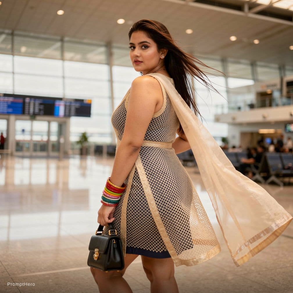 AI generated: A confident  Indian plus-size school girl with wide hips in full makeup give photo poses in the airp...