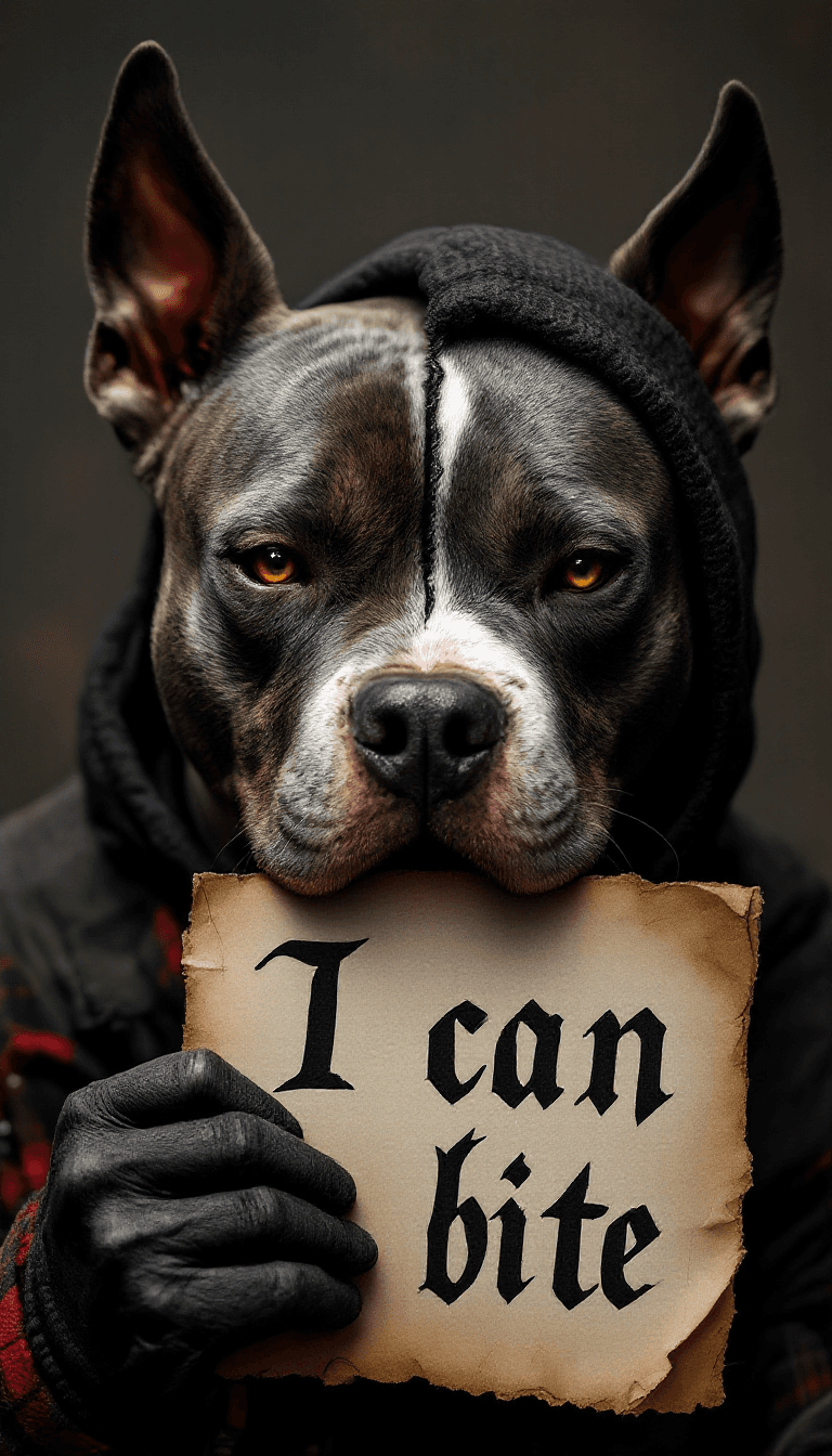 AI generated: Macroview of a pitbull and a Mexican gangsters with half mask in shape of the pitbull,gangster’s mou...